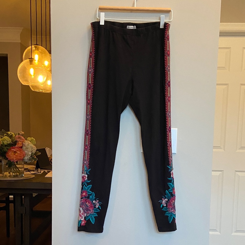 Johnny Was Black Leggings, Pink and Teal Floral Embroidery, Size L
